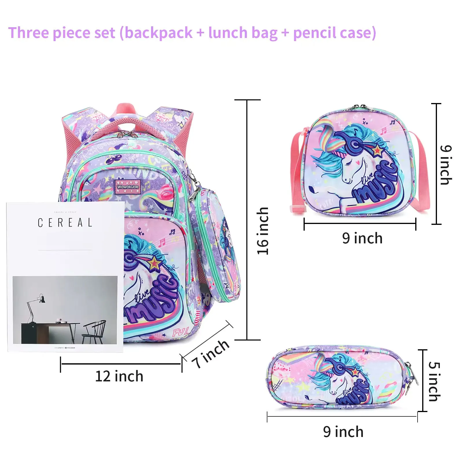 Wonderland Mermaid & Unicorn School Bag Combo - Backpack, Lunch Bag & Pencil Case